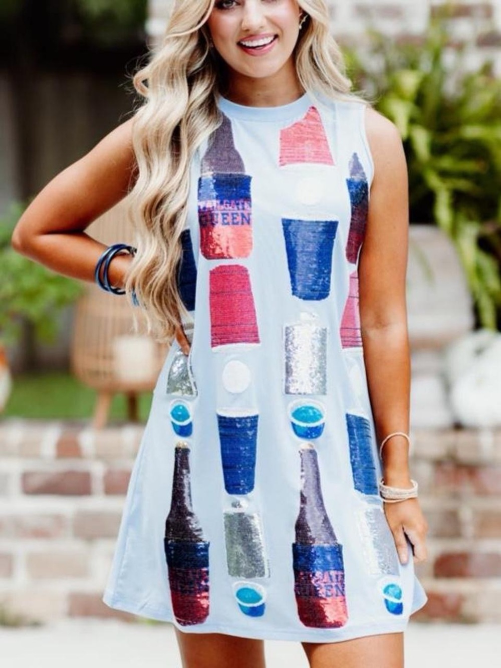 QUEEN OF SPARKLES All Over Icon Drink Tank Dress- Light Blue- Size:L